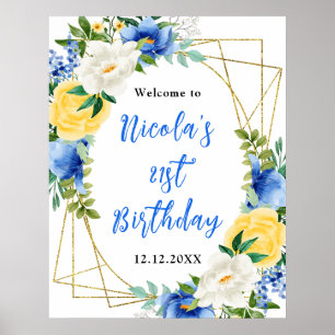 Blue and Yellow Floral Birthday Welcome Poster