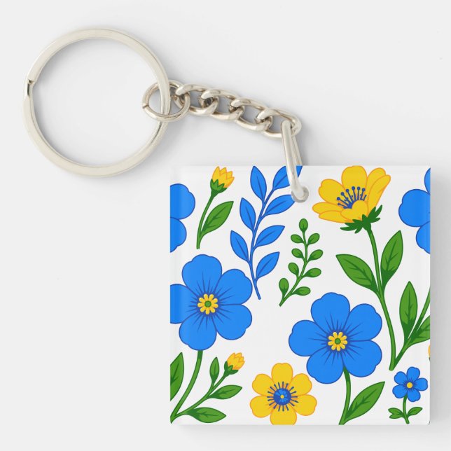 Blue and Yellow Floral Botanical Design Key Ring (Front)