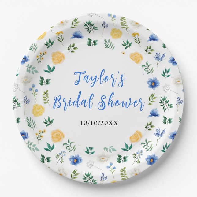 Blue and Yellow Floral Bridal Shower Paper Plate (Front)