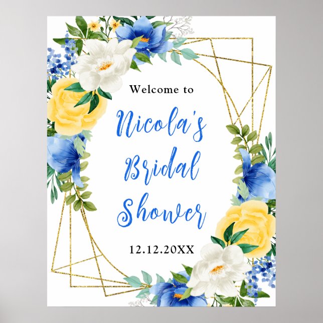 Blue and Yellow Floral Bridal Shower Welcome Poster (Front)