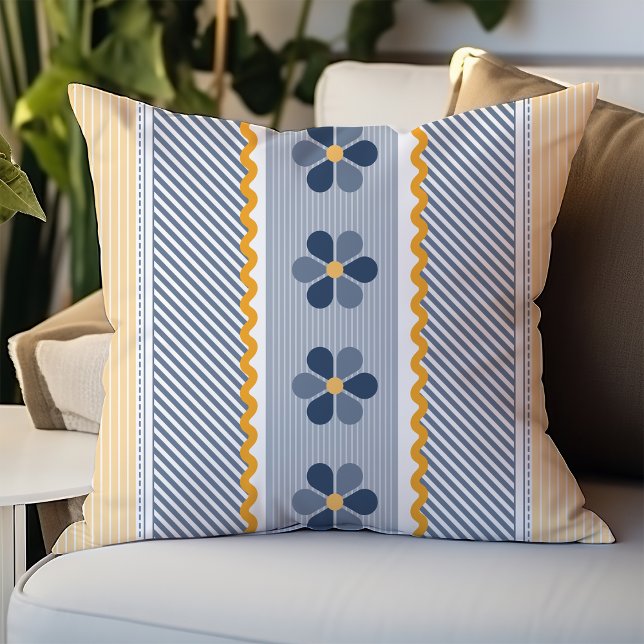 Blue and Yellow Floral Diagonal Stripes Cushion (Creator Uploaded)