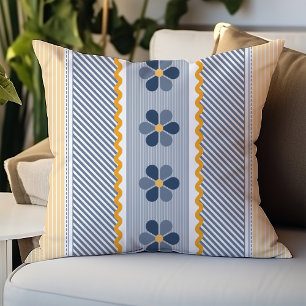 Blue and Yellow Floral Diagonal Stripes Cushion