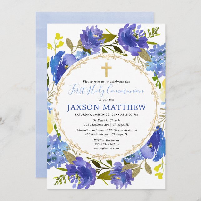 Blue and yellow floral First Holy Communion Invitation (Front/Back)
