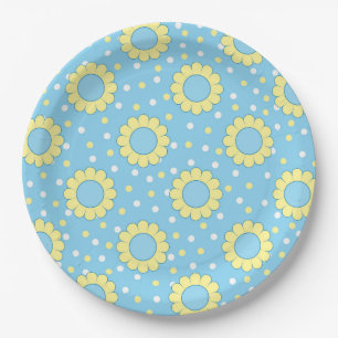 Blue and yellow floral pattern paper plate
