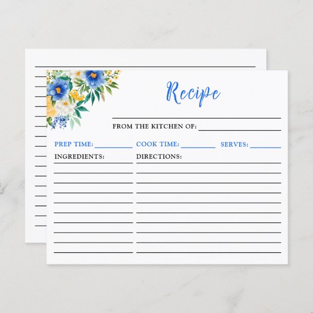 Blue and Yellow Floral Recipe Card (Front/Back)