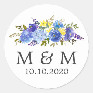 Blue and Yellow   Floral  Wedding Classic Monogram Classic Round Sticker