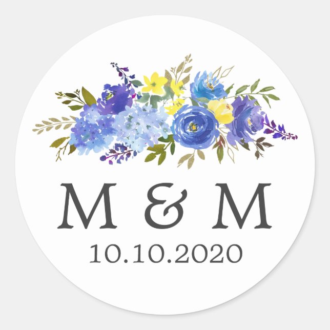 Blue and Yellow | Floral  Wedding Classic Monogram Round Sticker (Front)