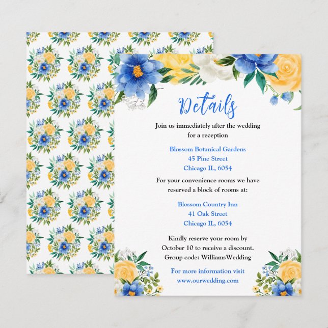 Blue and Yellow Floral Wedding Details Enclosure Card (Front/Back)