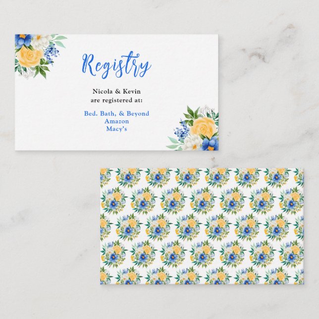 Blue and Yellow Floral Wedding Registry Enclosure Card (Front/Back)