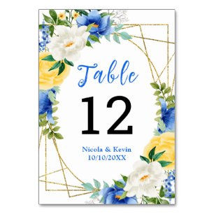 Blue and Yellow Floral Wedding Table Number