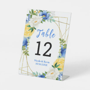 Blue and Yellow Floral Wedding Table Number Pedestal Sign