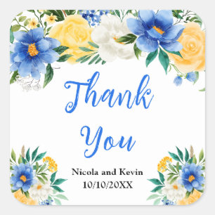 Blue and Yellow Floral Wedding Thank You Square Sticker