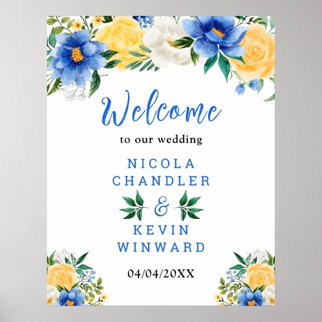 Blue and Yellow Floral Wedding Welcome Sign (Front)