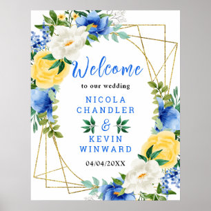 Blue and Yellow Floral Wedding Welcome Sign