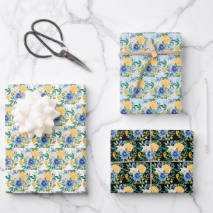 Blue and Yellow Floral  Wrapping Paper Sheet