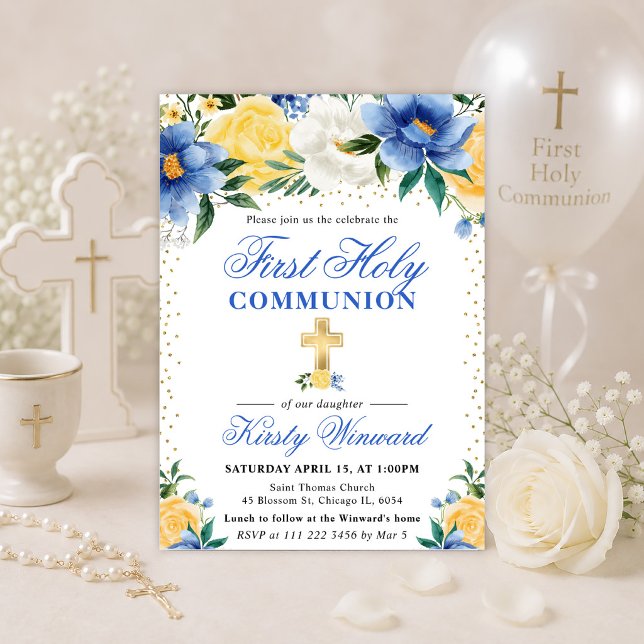 Blue and Yellow Flowers First Holy Communion Invitation (Creator Uploaded)