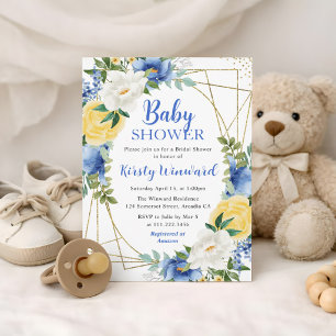 Blue and Yellow Flowers & Gold Frame Baby Shower Invitation