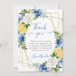Blue and Yellow Flowers Gold Frame Birthday Thank You Card