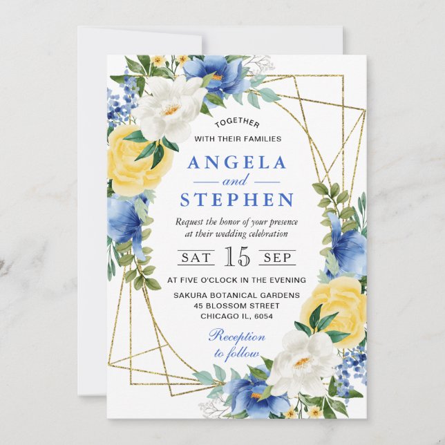 Blue and Yellow Flowers Gold Frame Wedding Invitation (Front)