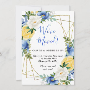 Blue and Yellow Flowers Gold Frame We've Moved Announcement