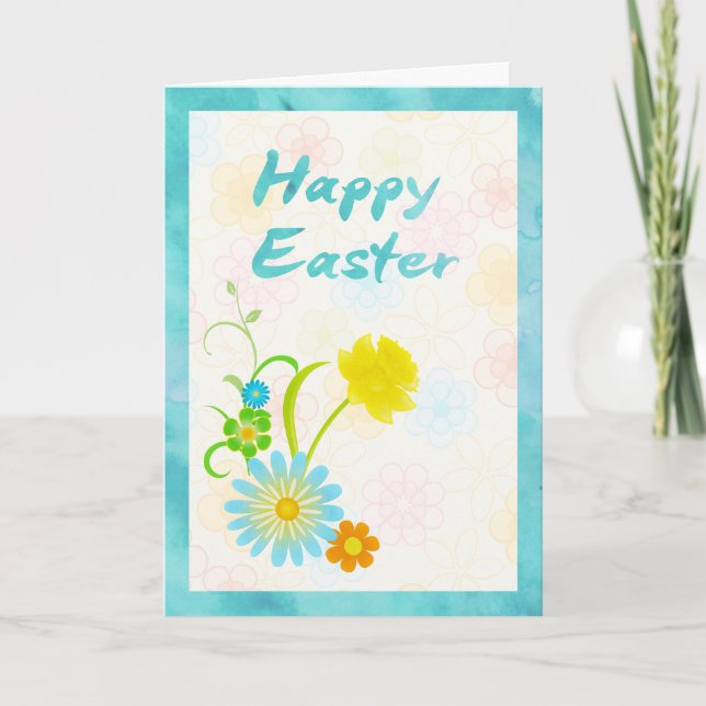 Blue and Yellow Flowers Happy Easter Card (Front)