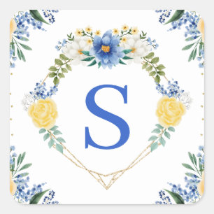 Blue and Yellow Flowers Heart Wreath Monogram Square Sticker