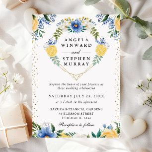 Blue and Yellow Flowers Heart Wreath Wedding Invitation