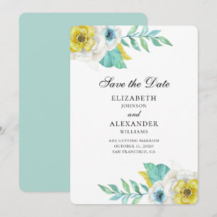 Blue and yellow flowers. Mint floral save the date Invitation