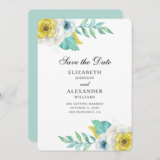 Blue and yellow flowers. Mint floral save the date Invitation (Front/Back)
