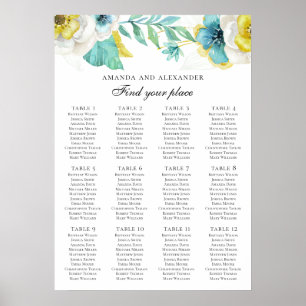 Blue and yellow flowers. Wedding seating chart