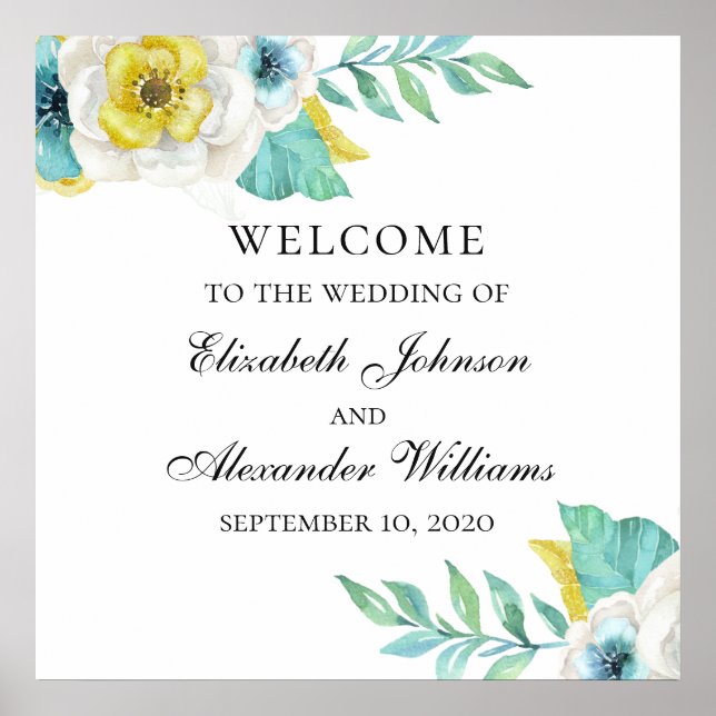 Blue and yellow flowers welcome sign. Wedding Poster (Front)