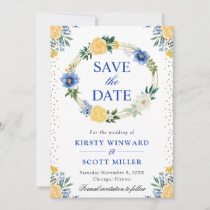 Blue and Yellow Flowers Wreath Wedding Save The Date
