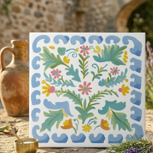 Blue and Yellow Folk Art Floral Decorative Tile