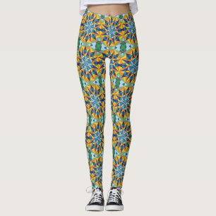 Blue and yellow fractal geometric pattern leggings