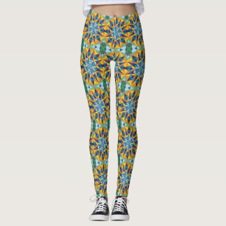 Blue and yellow fractal geometric pattern leggings