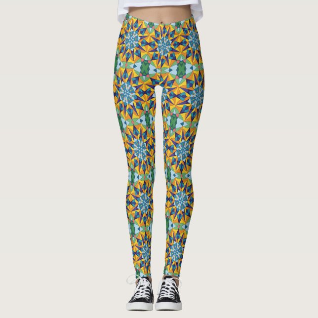 Blue and yellow fractal geometric pattern leggings (Front)