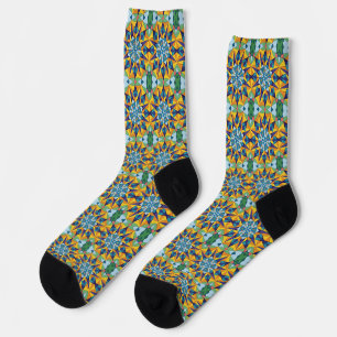 Blue and yellow fractal geometric pattern socks