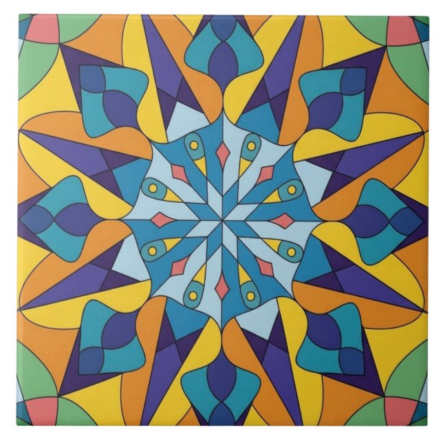 Blue and yellow fractal geometric pattern tile (Front)