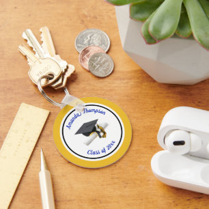Blue and Yellow Graduation Cap and Tassel Key Ring