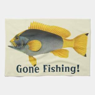 Blue and Yellow Grouper Fish, Vintage Marine Life Tea Towel