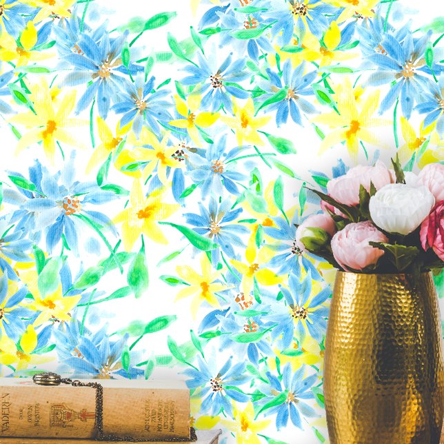 Blue and Yellow Hand-painted Watercolor Flowers Wallpaper (Creator Uploaded)