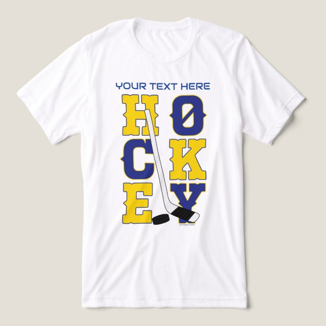 Blue and Yellow Hockey Sports Spirit Wear Tri-Blend Shirt (Design Front)