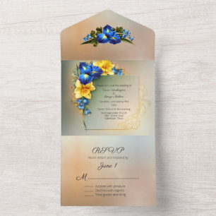 Blue and Yellow Irises Wedding All In One Invitation