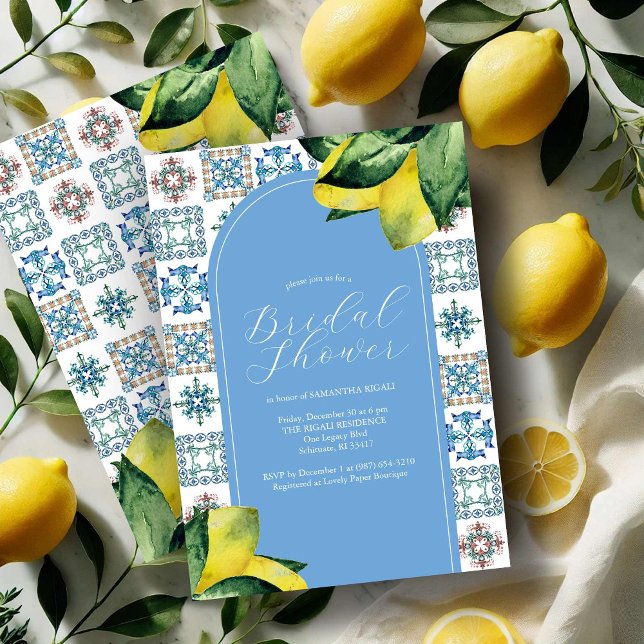 Blue and Yellow Italian Bridal Shower Invitations (Amalfi coast bridal shower invitations blue and yellow lemon theme by Victoria Grigaliunas)