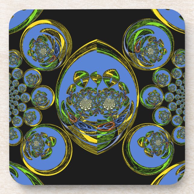 Blue and Yellow Kaleidoscope Art Print Coaster (Front)