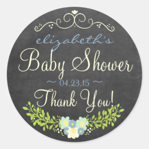 Blue and Yellow Laurel Chalkboard Look Baby Shower Classic Round Sticker