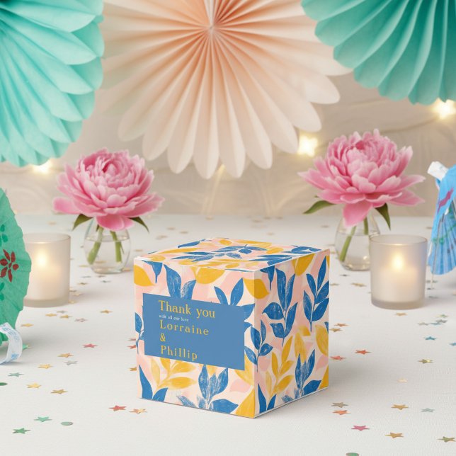 Blue and Yellow Leafy Botanical Wedding thank you Favour Box (Blue and Yellow Leafy Botanical Wedding thank you Favor Boxes.)