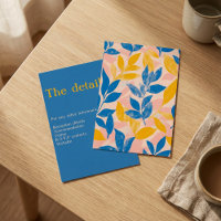Blue and Yellow leafy Lithograph Wedding Details