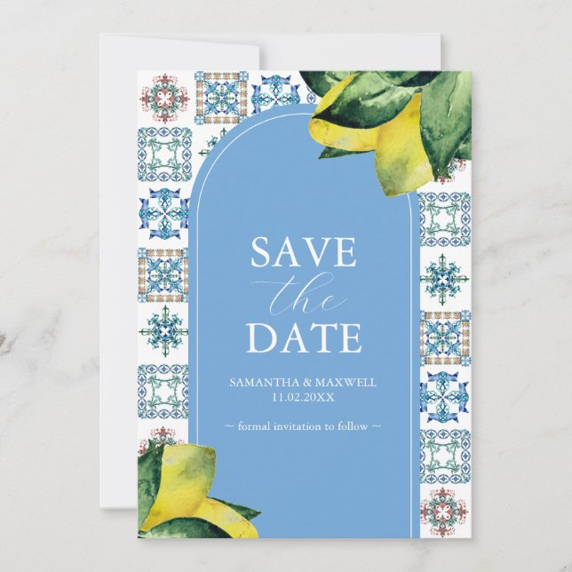Blue and Yellow Lemon Amalfi Wedding Announcements (Front)