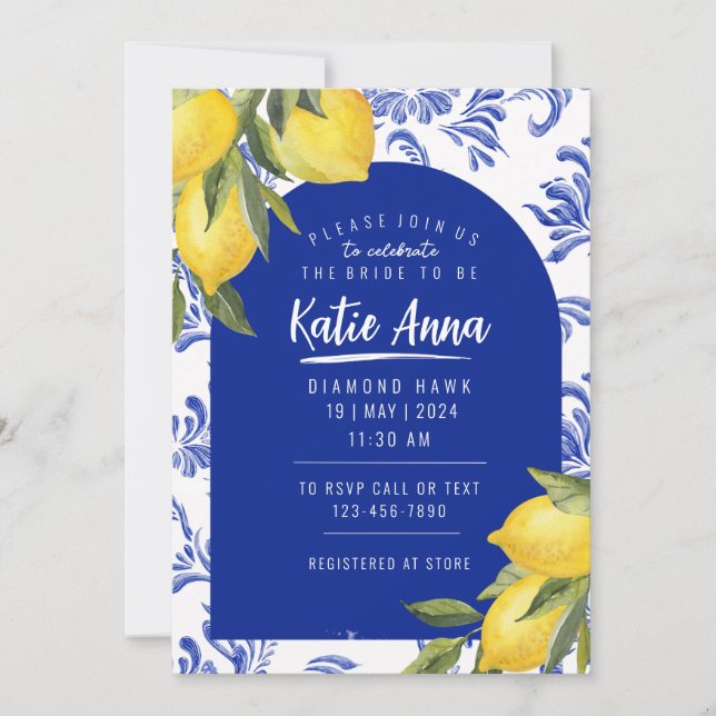 Blue and Yellow Lemon Bridal Shower Invitations (Front)